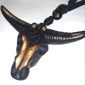 Hand CRAFTED UNISEX brown bull head pendant with adjustable necklace